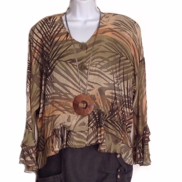 Sheer Cropped Earth Tones Ruffled Lagenlook Blouse - Picture 3 of 4
